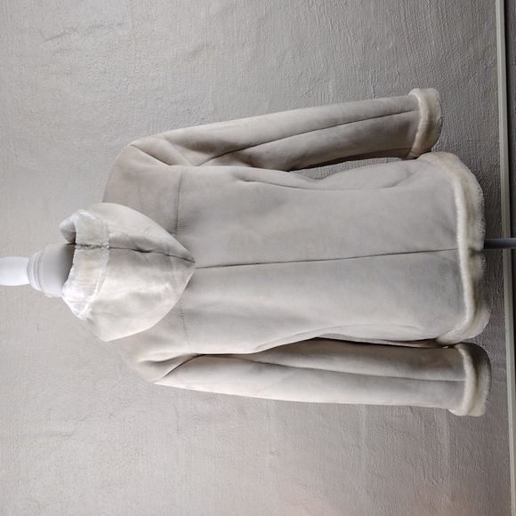 BGSD Est. 1990 Cream Faux Suede Hooded Long Sleeve Zip Up Mid Length Winter Coat - Picture 10 of 11